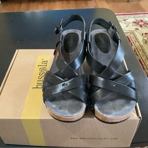 bussola Black Leather Crisscross Wedge Sandals with Buckle Strap